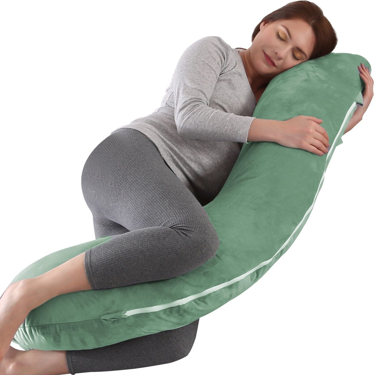 LitolloÂ¬Ã† Schwangerschaftskissen (J-Form) - Seidenkissen - Stillkissen - Körperkissen - 145cm - Weicher Vliesstoff - Abnehmbarer Bezug - Olivgrün