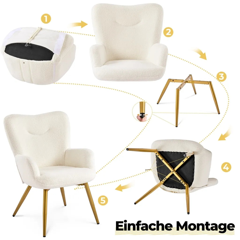 Yaheetech Ohrensessel mit Fußhocker, Bouclé, Weiß/Creme
