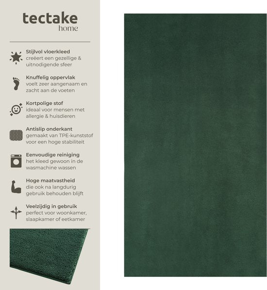 tectake® Kurzflorteppich - 80 x 150 cm - Grün - Teppich für Wohnzimmer, Schlafzimmer, Esszimmer - Pflegeleicht und waschbar - Rutschfeste Unterlage - Allergikerfreundlich - Verschiedene Größen und Farben