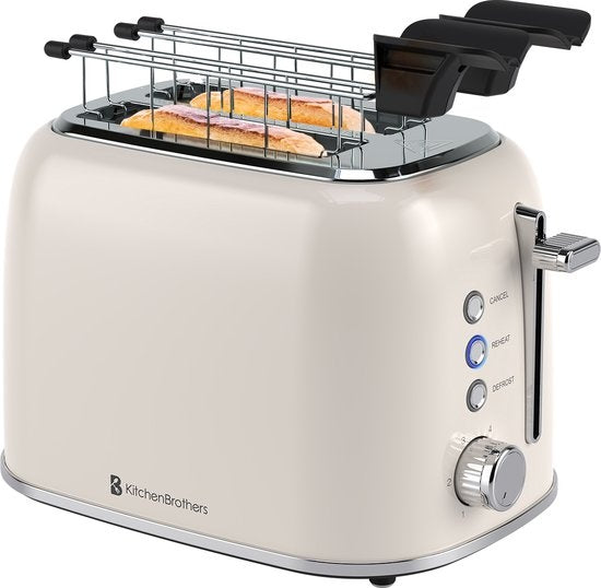 KitchenBrothers Toaster mit Sandwich-Clips â€“ Toaster â€“ 6 Heizstufen â€“ breite Schlitze â€“ Sandwichmaker-Toaster â€“ 870 W â€“ Beige