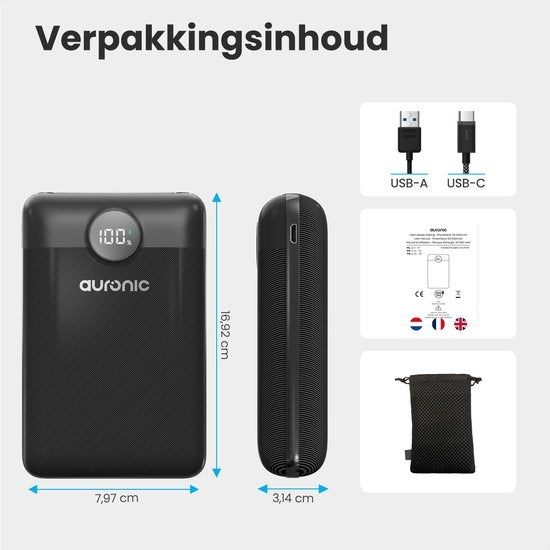 Auronic Powerbank - Schnellladegerät für iPhone und Samsung - 20.000 mAh - 22,5 W - 3 Ladeanschlüsse - Schnellladen über USB-A und USB-C - Schwarz