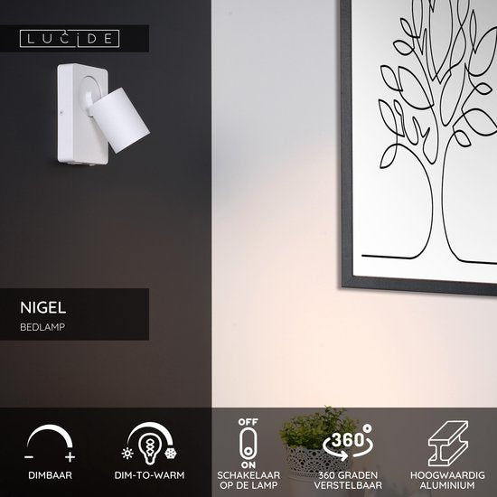Lucide NIGEL – Nachttischlampe / Wandleuchte – LED „Dim to warm“ – CCT – GU10 – 1x5 W 2200 K/3000 K – Mit USB-Ladeanschluss – Weiß