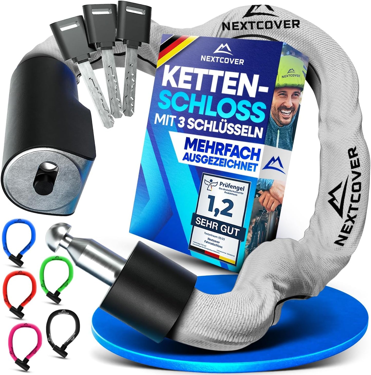 NEXTCOVER® Fahrradschloss LockOne mit Schlüssel I - [SAFE] Fahrradschloss hohe Sicherheit I robustes & langlebiges Kettenschloss Fahrrad I Fahrradschloss, Fahrradschloss 3 Schlüssel