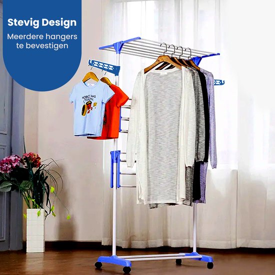 Shine Zusammenklappbarer Wäscheständer mit 3 Etagen und Rädern - Trockenturm - Wäscheständer mit 18 Stangen und 2 Haken - Edelstahl - Verstärktes ABS - 15 Meter Wäscheleine