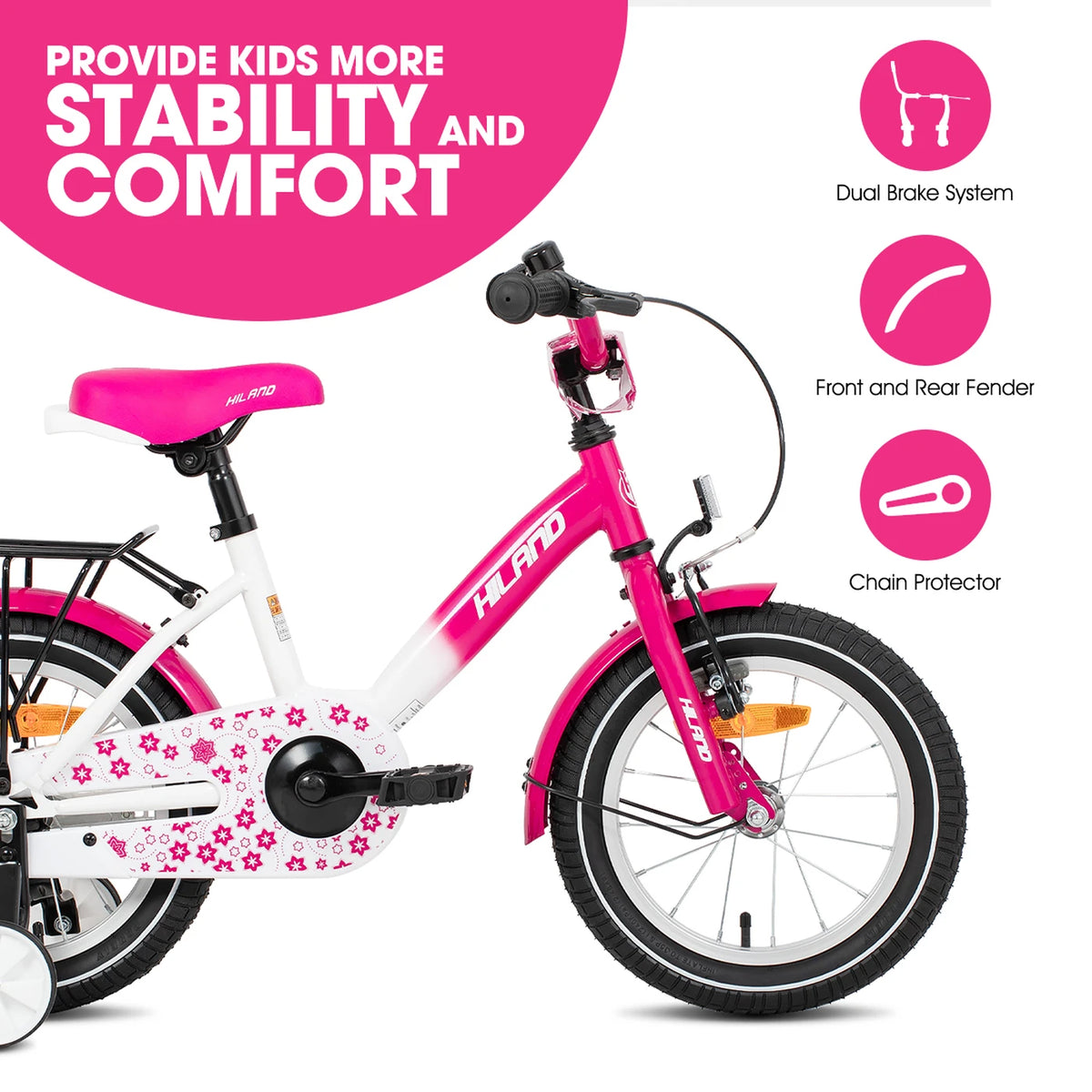 Hiland Starry Kinderfahrrad 12 Zoll – Rosa – mit Stützrädern, 2–7 Jahre