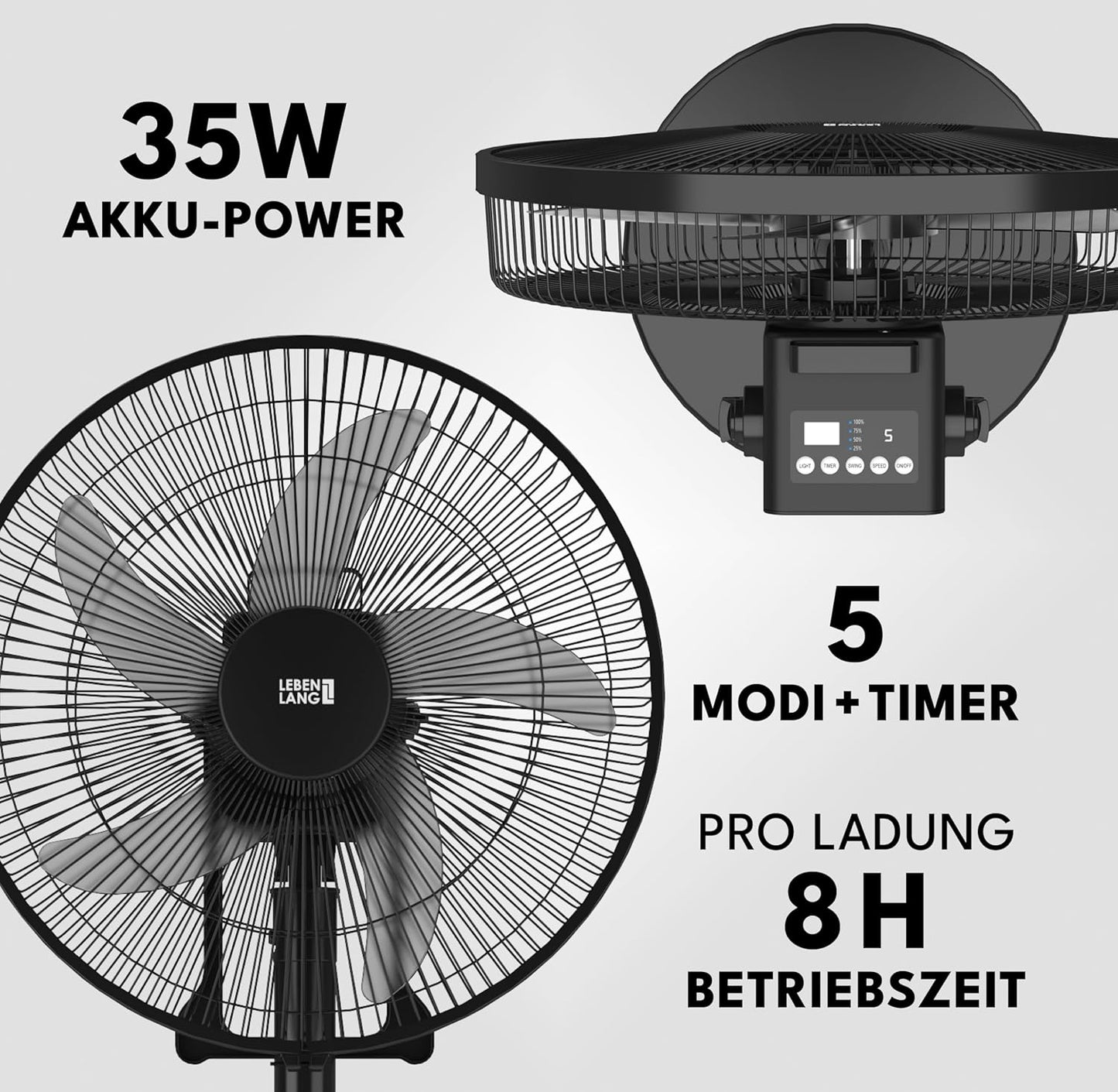 LEBENLANG Akku-Ventilator 35W - 3600 mAh - bis zu 45 Stunden Betriebsdauer - Ø 30 cm - Höhe 80-115 cm - Schwarz - Tragbarer 5-in-1 Ventilator mit Fernbedienung