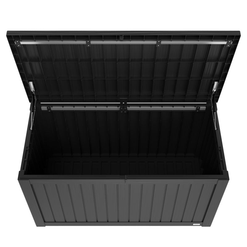 LifeGoods Cushion Box L - Kunststoff - 570L - Gasdruckfeder - Wetterfest - XXL Aufbewahrungsbox - Dunkelgrau