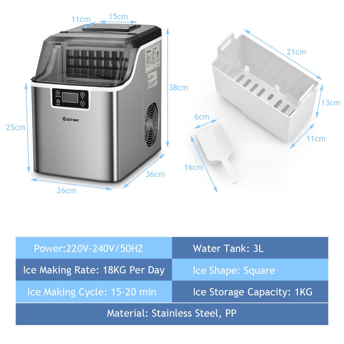 Coast Theken-Eisbereiter - 26x36x38 cm - Silber - Elektrischer Eisbereiter mit Selbstreinigung, 18KG/24h, 24 quadratische Eiswürfel pro 15 min