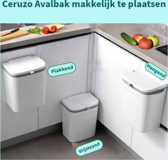 Ceruzo Abfalleimer - mit Schiebedeckel - 9 Liter- GFT Aufsatzbehälter - hängend oder stehend - weiß -24 x 16 x H30 cm