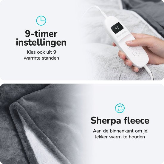 Bloomfold - Heizdecke - 180 x 160 cm - waschbar - 2 Personen - 9 Stufen - Mit Timer - Flanell- Grau