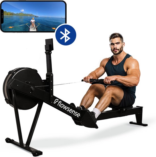 Flowsense Rudertrainer mit Luftwiderstand – Professionelles Rudergerät – 10 Widerstandsstufen – Zusammenklappbar – Ganzkörpertraining – Bluetooth-App & LCD-Monitor – Max. 200 kg – Rudergeräte – Für zu Hause & im Fitnessstudio