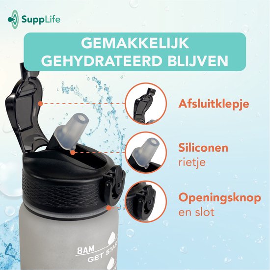 Supplife Motivations-Trinkflasche – 600 ml Trinkflasche – Trinkflasche mit Zeitangabe – Mit Strohhalm – Erwachsene – Kinder – Weiß, Schwarz
