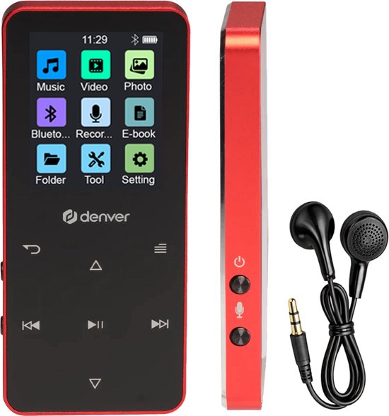 Denver MP3/MP4-Player – Bluetooth – Zufallswiedergabe/Wiederholung – SD-Karte bis zu 128 GB – inkl. Ohrhörer – Diktiergerät – MP1830R – Rot
