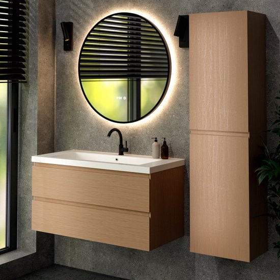 Mirlux Badezimmerschrank Hell-Eiche 100 cm – Waschbecken Weiß – Badezimmerschrank-Set – Waschbeckenunterschrank Hell-Eiche