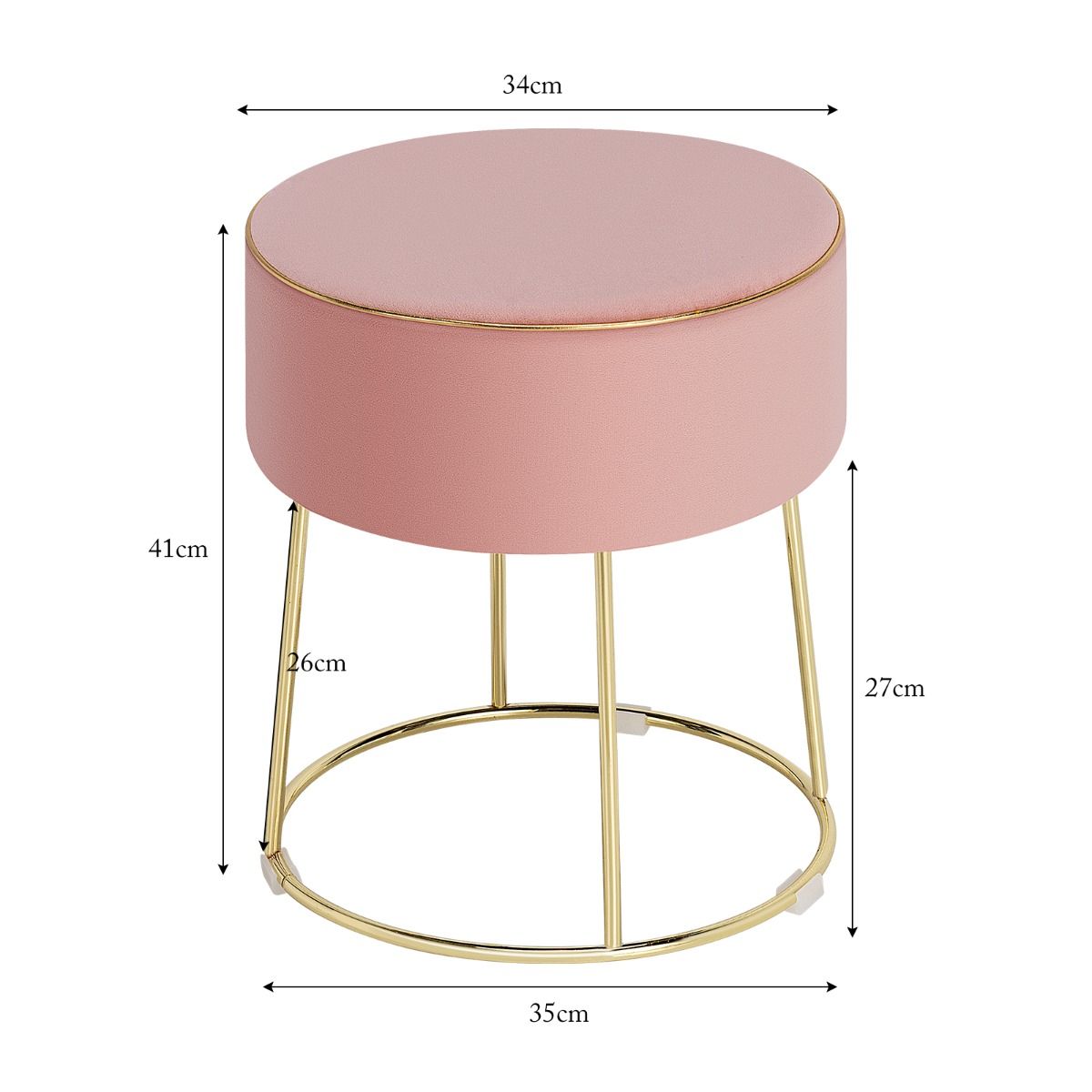 Coast – Runder Samt-Hocker mit Metallbeinen – Gepolsterter Make-up-Hocker – Belastbar bis 150 kg – 34 x 34 x 41 cm – Rosa