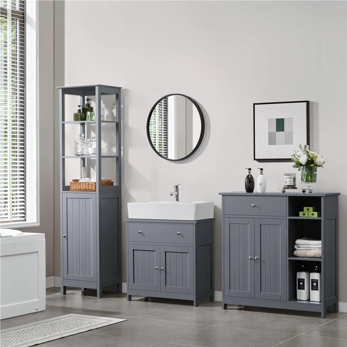 Yaheetech Unterschrank mit Schublade und zwei Fächern - Ausgestattet mit Siphonausschnitt und wasserabweisender Beschichtung und Metallbeschlägen - Für Badezimmer im Landhausstil - Dunkelgraues Mdf und Metall - 60 x 30 x 60 cm