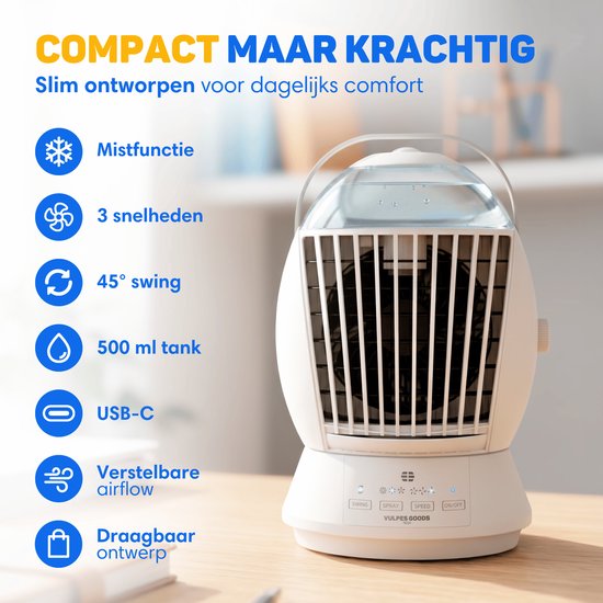 Vulpes Goods® Tech – Mini-Klimaanlage ELITE – Mobiler Luftkühler mit Fernbedienung – 6-in-1-Luftkühler – 3 Luftbefeuchtungsstufen mit Schwenkfunktion – 3 Windgeschwindigkeiten – 100 % auslaufsicher – Inkl. Kabel und Adapter im Lieferumfang enthalten – Für