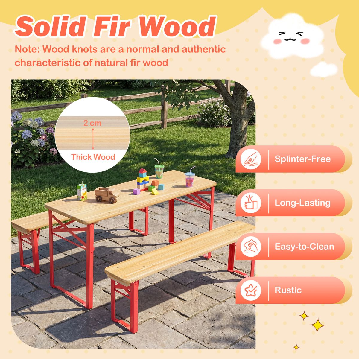 Coast Kinder-Picknick-Set – klappbarer Picknicktisch mit 2 Bänken – Fichtenholz und Metall – rot