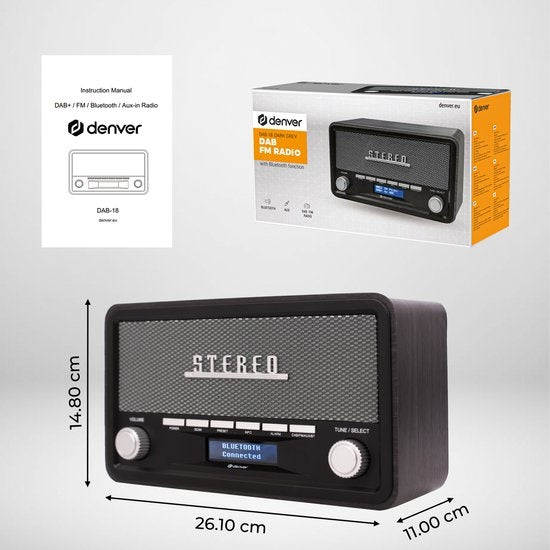 Denver DAB Radio - Modell 2023 - Retro-Radio - Bluetooth - DAB+/ FM - dimmbar - Batterien & Netz - DAB18 - Dunkelgrau