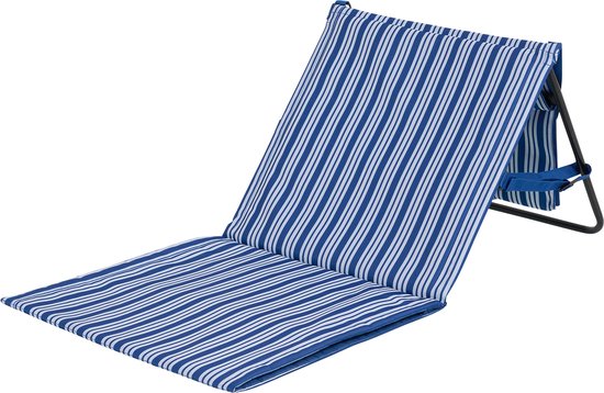 Campart Strandstuhl und Strandliege BE-0421 – Klappbare Liege und Stuhl – Strandmatte mit verstellbarer Rückenlehne – Mit abnehmbarem Kopfkissen – Blau-Weiß
