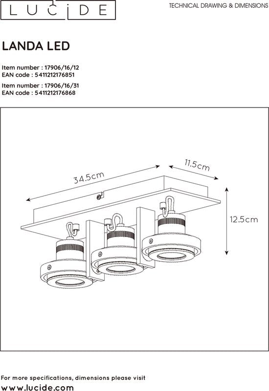 Lucide LANDA Deckenstrahler – LED, dimmbar bis warm – GU10 – 3×5 W, 3000 K/2200 K – Mattchrom