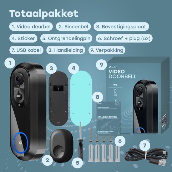 Audyn Video-Türklingel - Mit Kamera - Drahtlos - Smart - WiFi - 1080P - Kein Abonnement - Inkl. drahtloser Gong