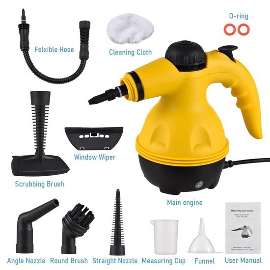 Fuegobird A001 Handdampfreiniger – 1000 W Handdampfreiniger – Fleckenentferner – Teppichreiniger – 9 Aufsätze – Fußböden, Sofa, Teppich, Bad & Küche – 450 ml Tank – Gelb