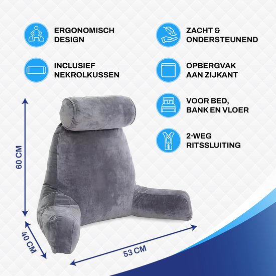Sleeptight Lesekissen, ergonomisches Rückenkissen – mit abnehmbarem Nackenrollenkissen, praktischem Staufach und formstabiler Schaumstofffüllung – für Bett und Sofa – grauer Stoff – 53 cm lang, 60 cm breit und 40 cm hoch