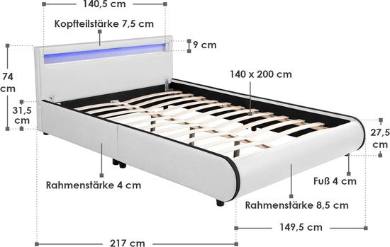 Polsterbett Sevilla - 140 x 200 cm - Weiß - LED-Beleuchtung