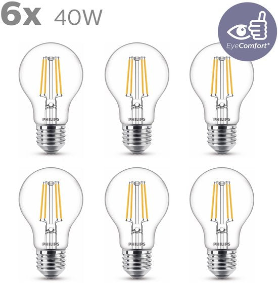 Philips LED-Lampe – Standardform mit E27-Fassung – Warmweißes Licht: 2700 K – 40 W – Klarglas – 6er-Pack