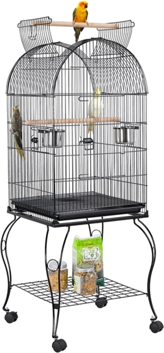 Yaheetech Vogelkäfig - Sittiche und Papageien - 59.5x59.5x150 cm - Mobil - Abnehmbarer Ständer - Sitzstangen - Schwarz