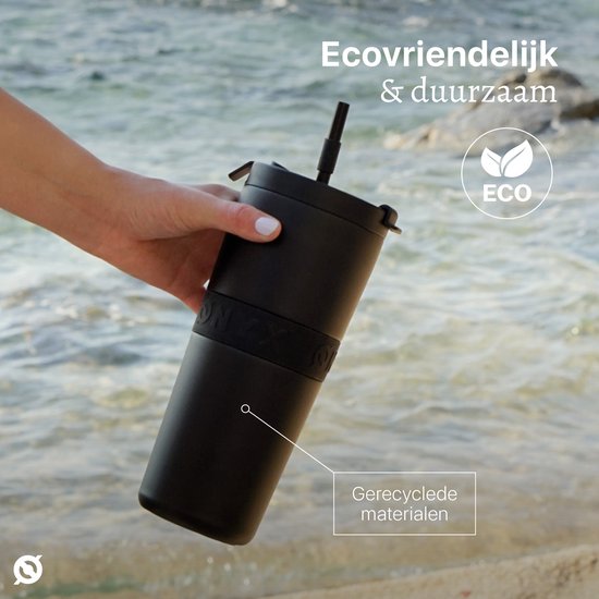 ONYX Trinkflasche mit Strohhalm 700ML - Wasserflasche für Kinder & Erwachsene - Thermoskanne Edelstahl-Reisebecher - Motivations-Trinker - Trinkbecher für die Schule - Schwarz