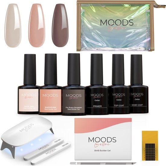 Moods Gellac BIAB Starter Pack - The Nude - Builder in a Bottle - BIAB Nagellack - Inklusive UV/LED Lampe, Bucking Stick, Nagelfeile, Primer, Base und Top Coat