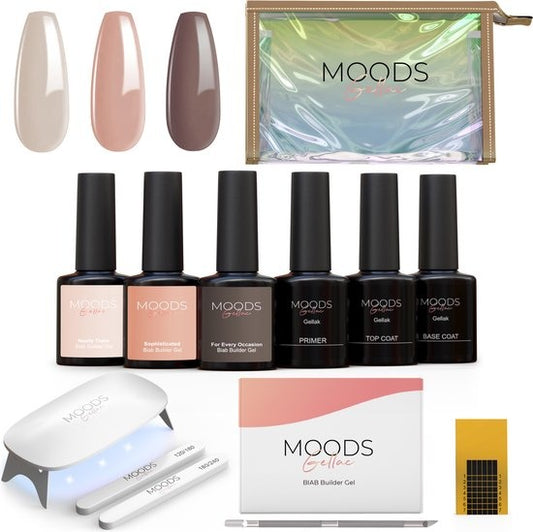 Moods Gellac BIAB Starter Pack - The Nude - Builder in a Bottle - BIAB Nagellack - Inklusive UV/LED Lampe, Bucking Stick, Nagelfeile, Primer, Base und Top Coat