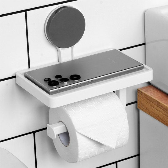 Bathroom Solutions – Toilettenpapierhalter mit Ablage – Weißer Kunststoff – Befestigung mit Saugnapf – Klassisches Design