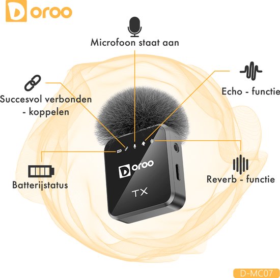 Doroo® Professionelles drahtloses Mikrofon – 2 Stück – Lavalier-Mikrofon – Windschutz – Extra lange Akkulaufzeit – Krawattenklammer – Professionelle Audioqualität – USB-C/Lightning/AUX-Funkmikrofon für iPhone und Android – Plug & Play – Zwei Jahre Garanti