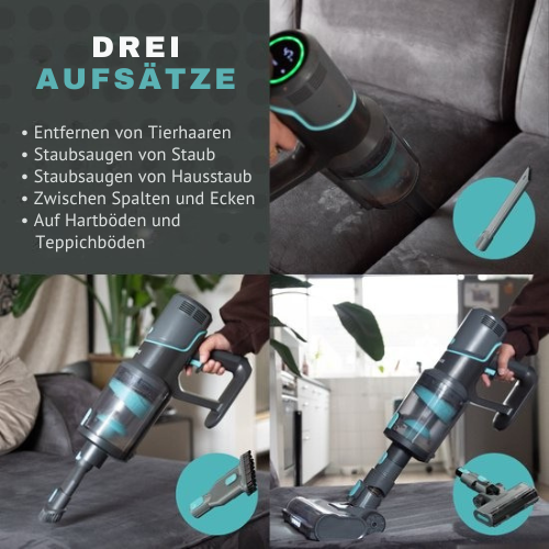 Achaté© - Stabstaubsauger - Kabellos - 4 Aufsätze - LED-Anzeige - Staubbuster