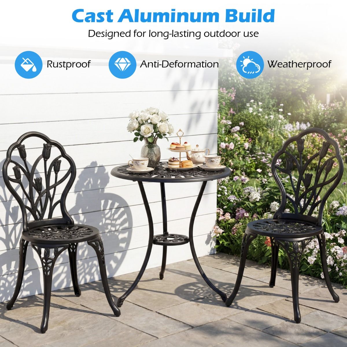 Coast-Gartenset aus Aluminiumguss – 3-teilig – mit Sonnenschirmloch – schwarz