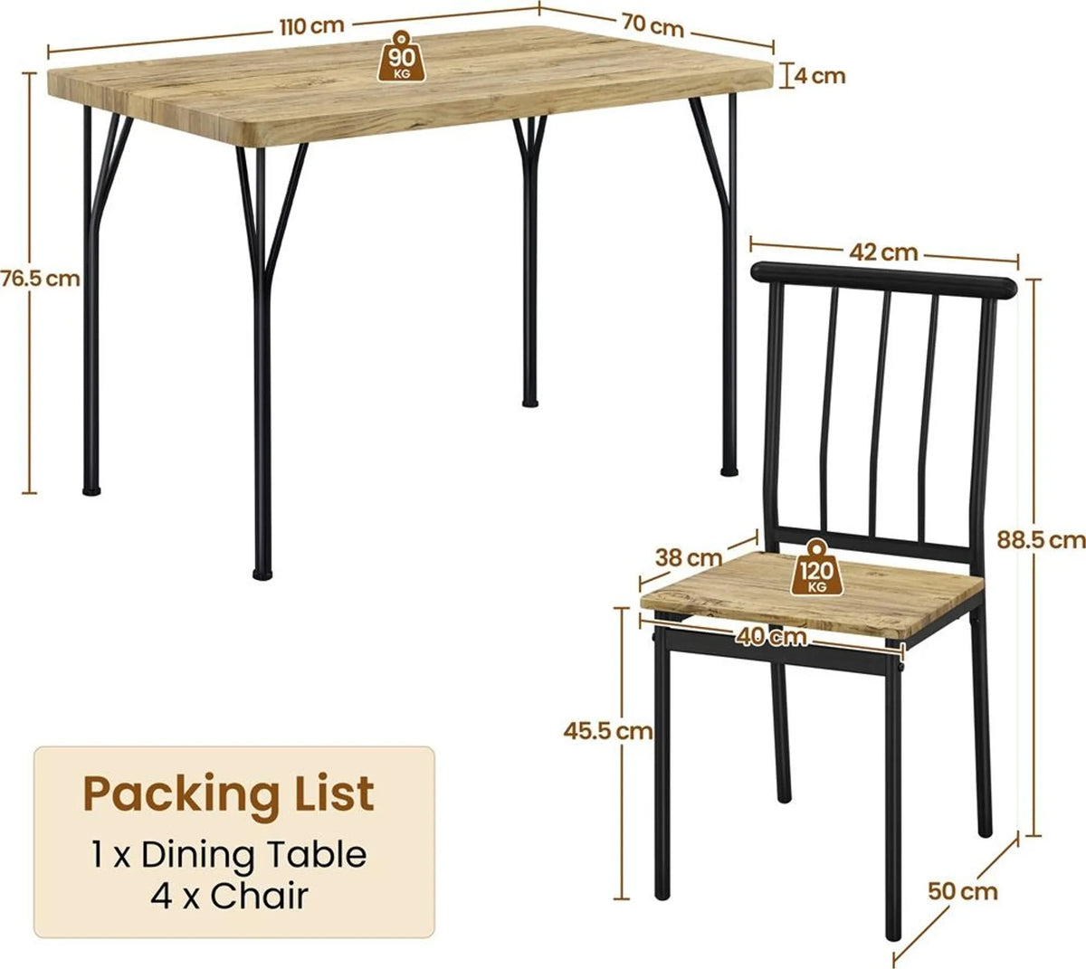 Yaheetech 5-teiliges Esszimmer-Set für 4 Personen – Tisch mit 4 Stühlen – 110 x 70 x 76,5 cm – Braun