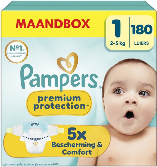 Pampers Premium Protection Größe 1, 180 Windeln, 2 kg–5 kg