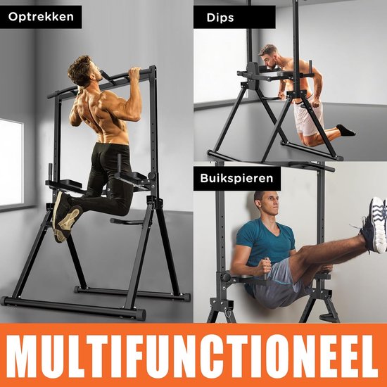 DH FitLife Foldable Power Tower Dip Station bis 210 kg | Freistehende Klimmzugstange mit Dip Bars und Rückentrainer | Power Station Strength Tower