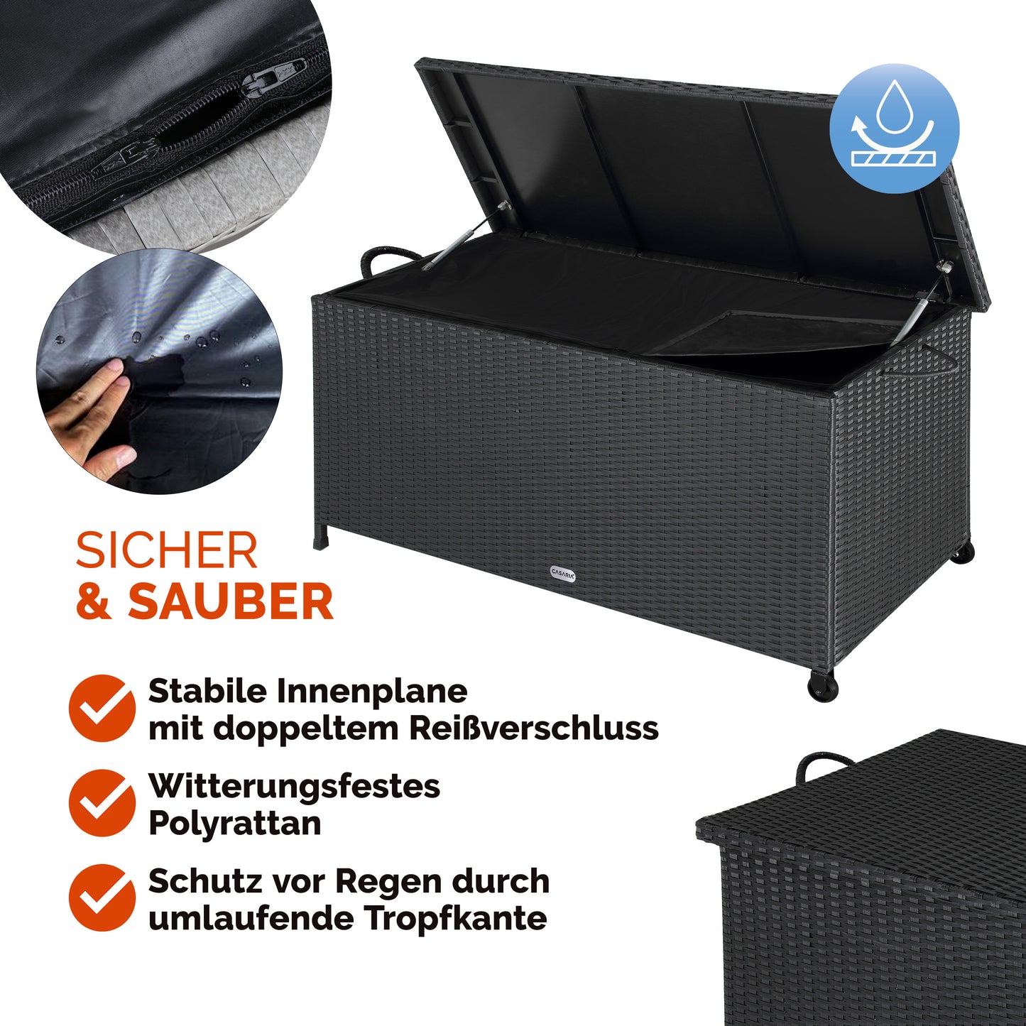 Casaria Polyrotan-Kissenbox - Ausgestattet mit zwei Gasfedern und wasserdichter Innenauskleidung und zwei Rädern - Für Sitzkissen und Gartenzubehör - Schwarz pulverbeschichteter Stahl - Einhundertsiebzehn lang und dreiundfünfzig breit und sechzig hoch cm