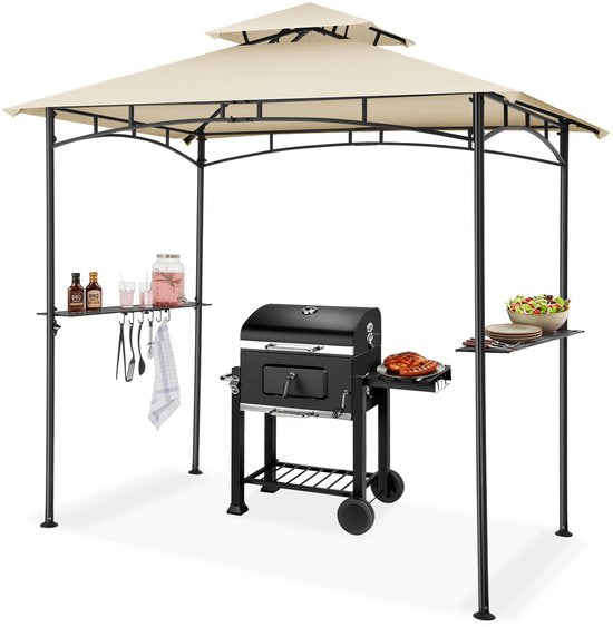 tectake® Grillpavillon – Grillüberdachung – 240 x 150 x 250 cm - Gartenpavillon – wetterfest – UV-Schutz – Doppeldachsystem – Pavillon mit Aufhängehaken, Grillrosten und Flaschenöffner – Grillpavillon – sandfarben