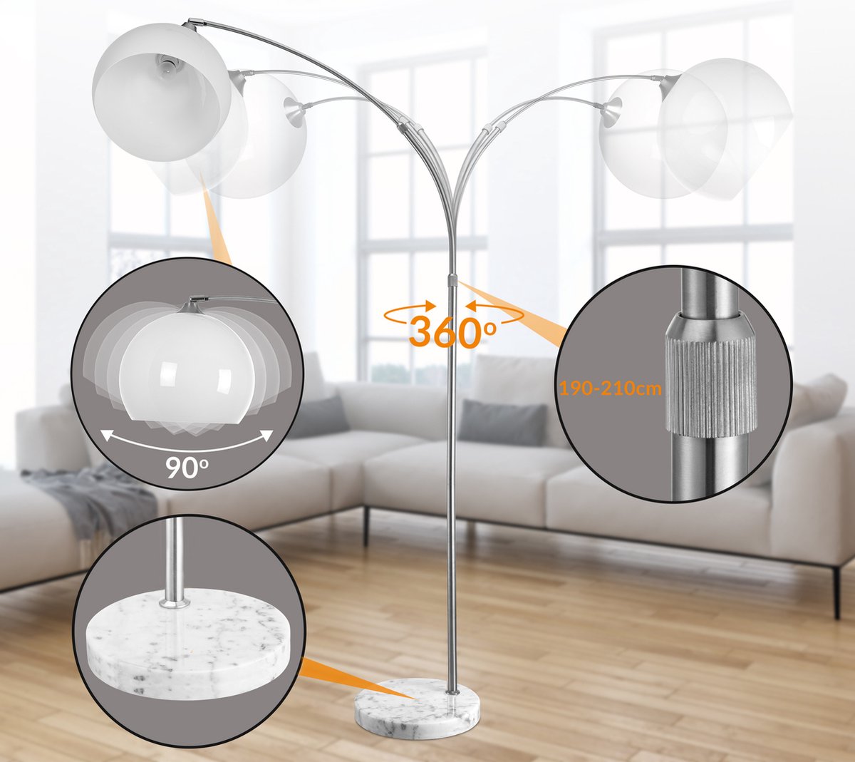 Monzana Retro Design Bogenlampe - Stehleuchte - Verstellbar 190-210 cm - Opalweiß - Silber