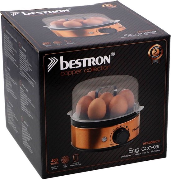 Bestron Eierkocher – AEC2000CO – 400 W – Für 7 Eier – inkl. Messbecher & Eierspieß – Kupfer