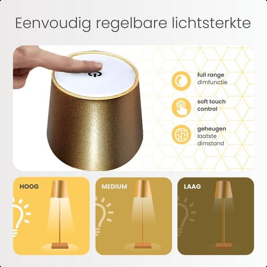 Goliving Tischlampe Wiederaufladbar - Kabellos und dimmbar - Moderne Touch-Lampe - Nachtlampe für das Schlafzimmer - 38 cm - Gold