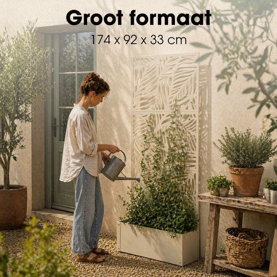 Mica Decorations Sapri Pflanzenstütze – Pflanzkübel mit Klettergitter für Kletterpflanzen – Pflanzenständer, freistehend oder an der Wand – 92 x 33 x 174 cm – Off White