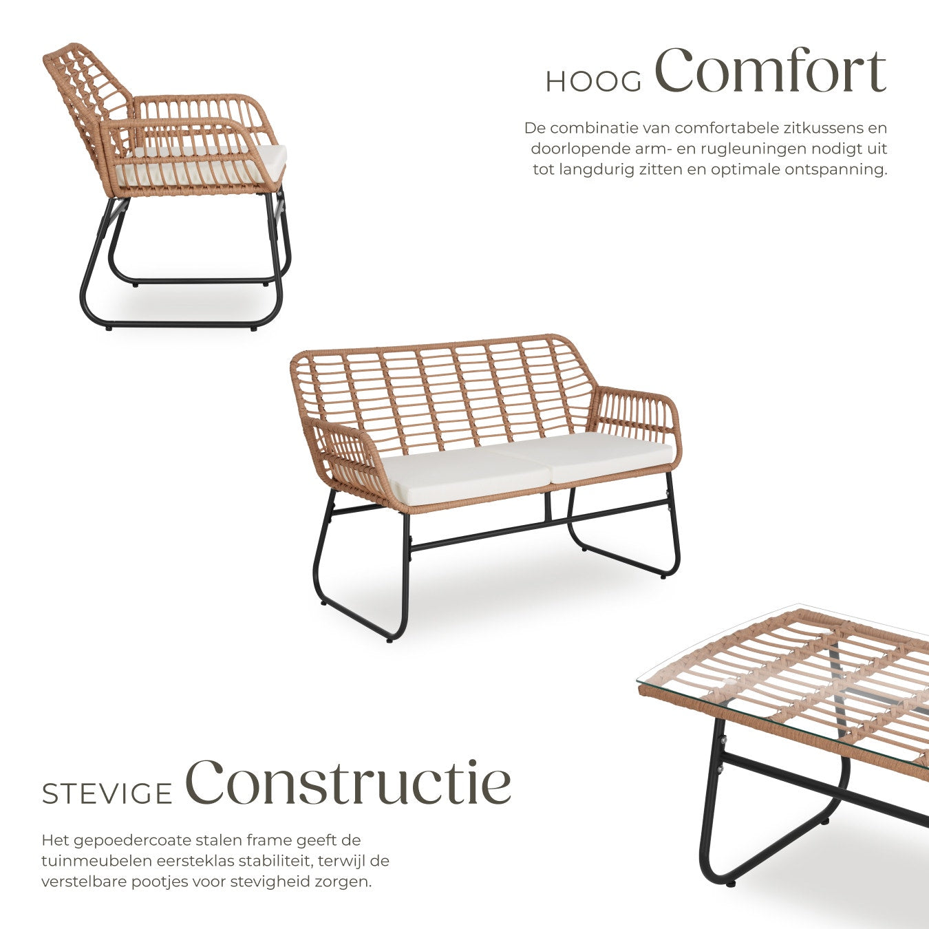 tectake Geflecht-Sitzgruppe Molfetta XL 4 Personen - Sofa 119x68x79 cm, Stühle 57x68x79 cm, Tisch 91x45x42,5 cm