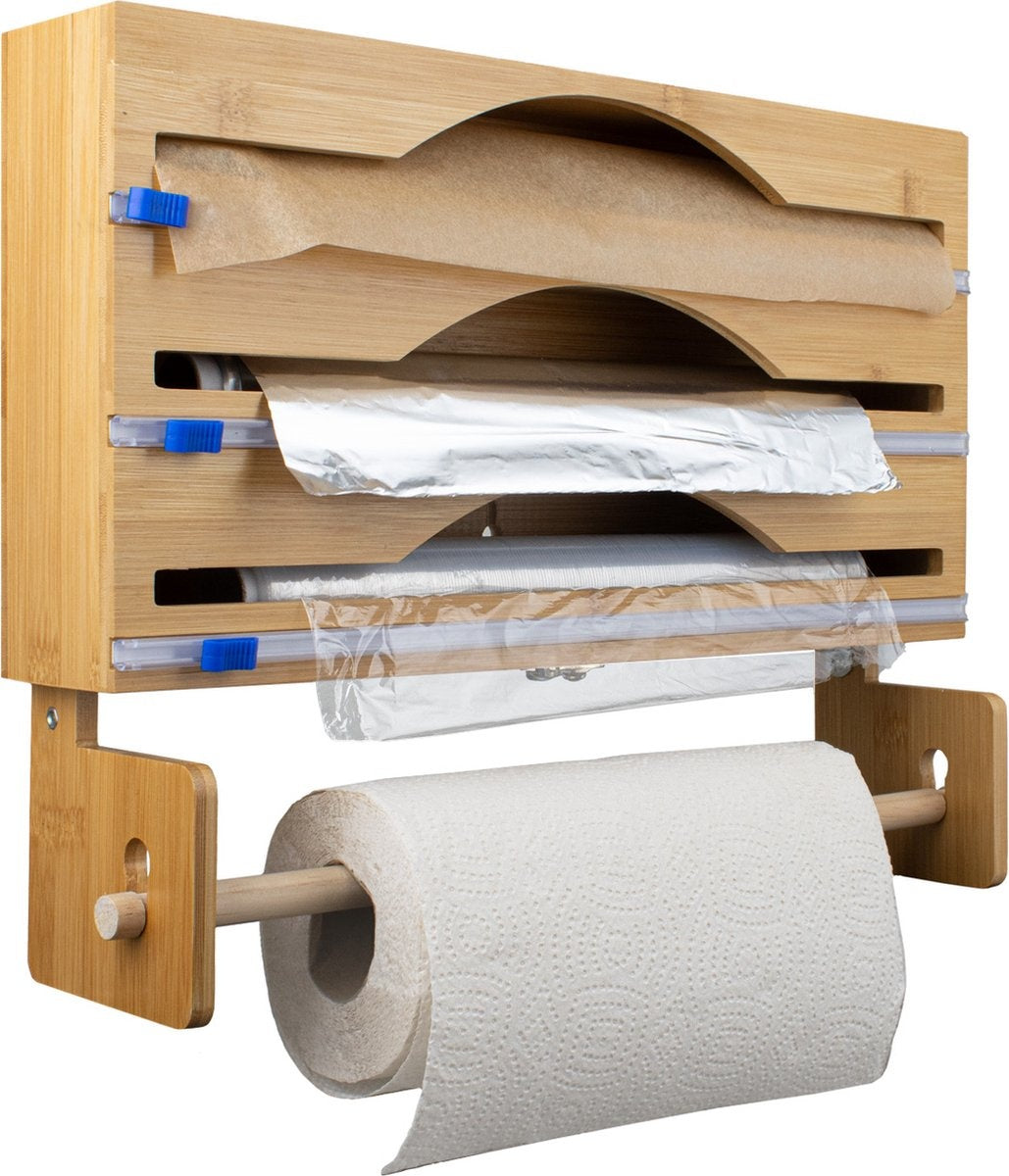Nimma Rollenhalter - Küchenrollenhalter und Folienhalter in 1 - Inkl. Aufhängesystem und Folienschneider - Geeignet für 3 Folienrollen - Bambus