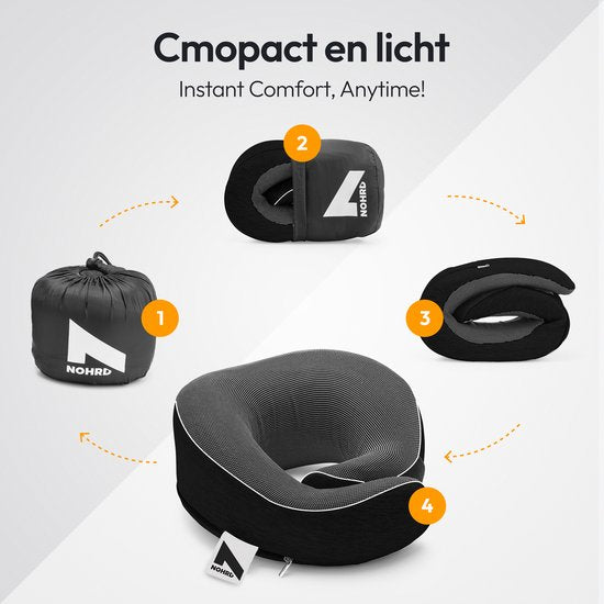 NOHRD Aircraft Neck Pillow - Reisekissen - Schwarz - Memory Foam - Inkl. Ohrstöpsel, Schlafmaske & Tragetasche - Memory Foam - Nackenstütze